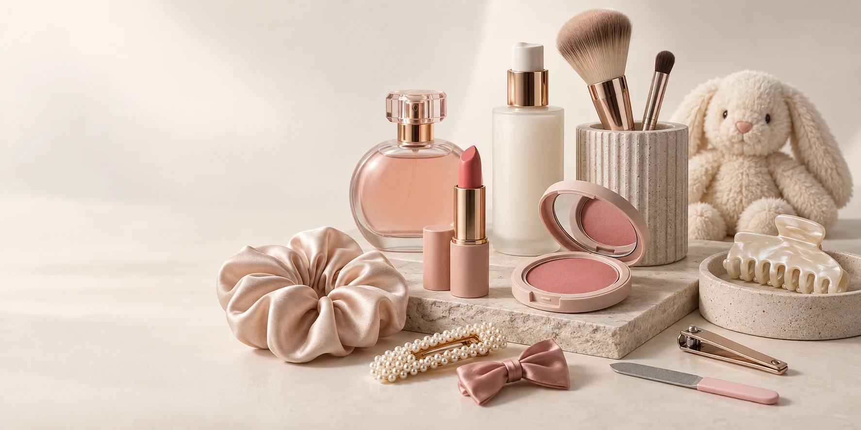 Selección de maquillaje, perfume, accesorios y peluche